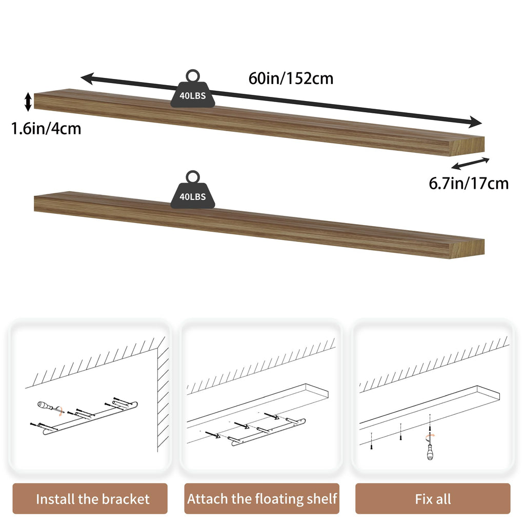 60 inch Long Floating Shelves for Wall, Solid Wood Long Shelves Set of 2, Brown Rustic Mounted Shelves Bedroom Home