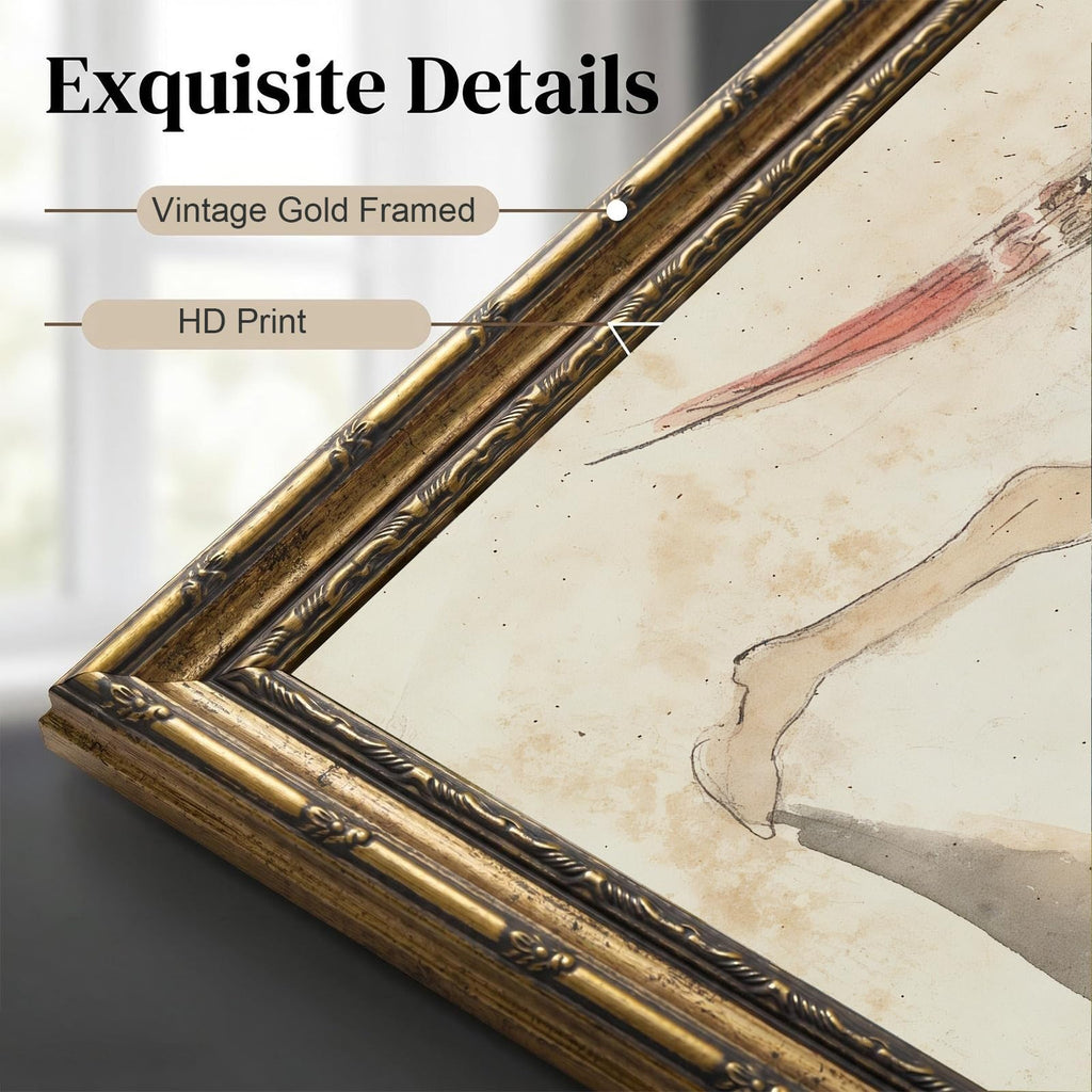 Vintage Gold Framed Horse Wall Art, Equestrian Sketch Style Canvas Print, Classic Old Money Antique Decor, Aesthetic