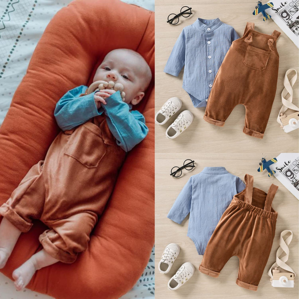 Baby Boys Overalls Linen Clothes 2PCS Set Infant Gentleman Outfits Set Baby Haze Blue Bodysuit Romper Tops and Ribbed