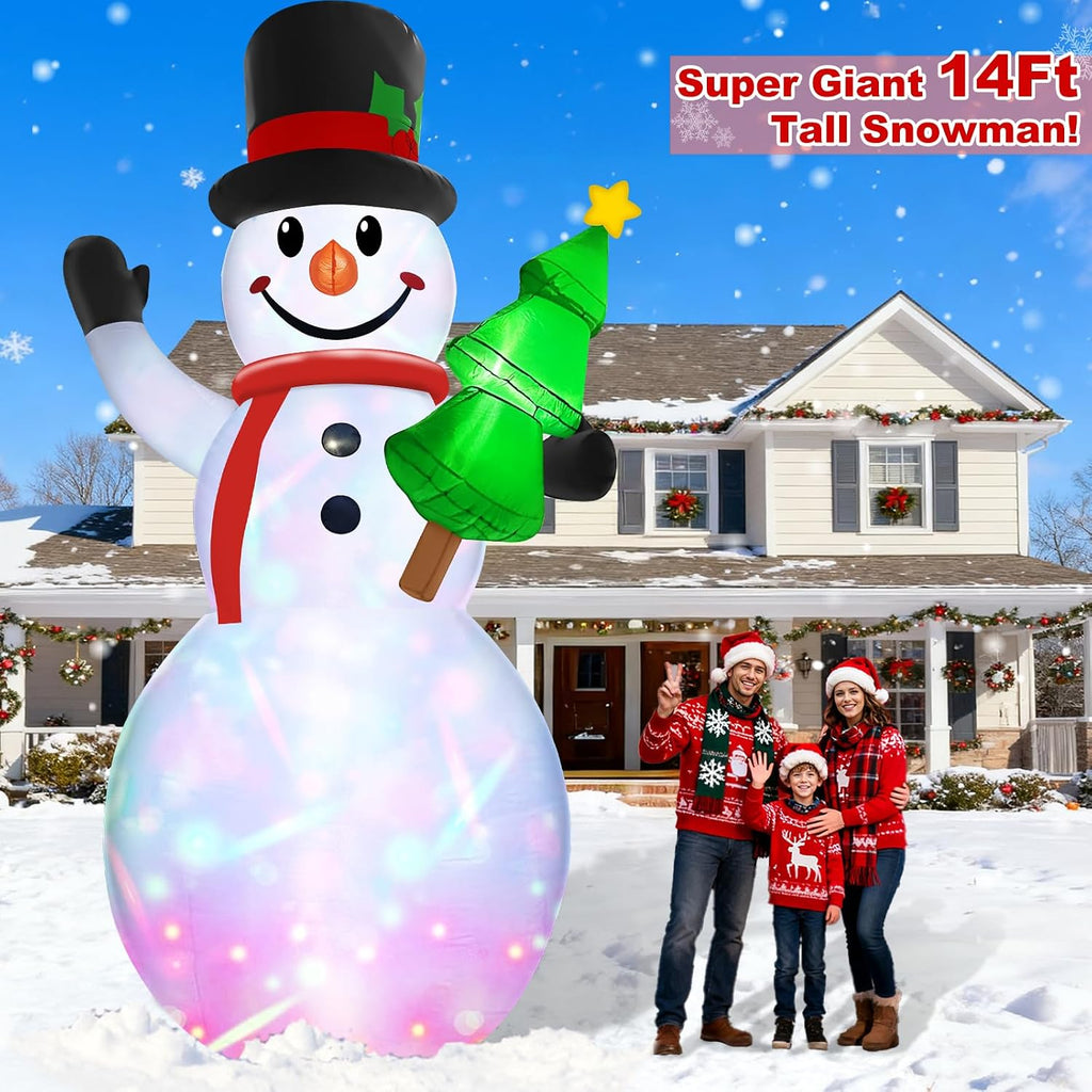 14 FT Large Christmas Inflatables Snowman with Rotating Colorful Light
