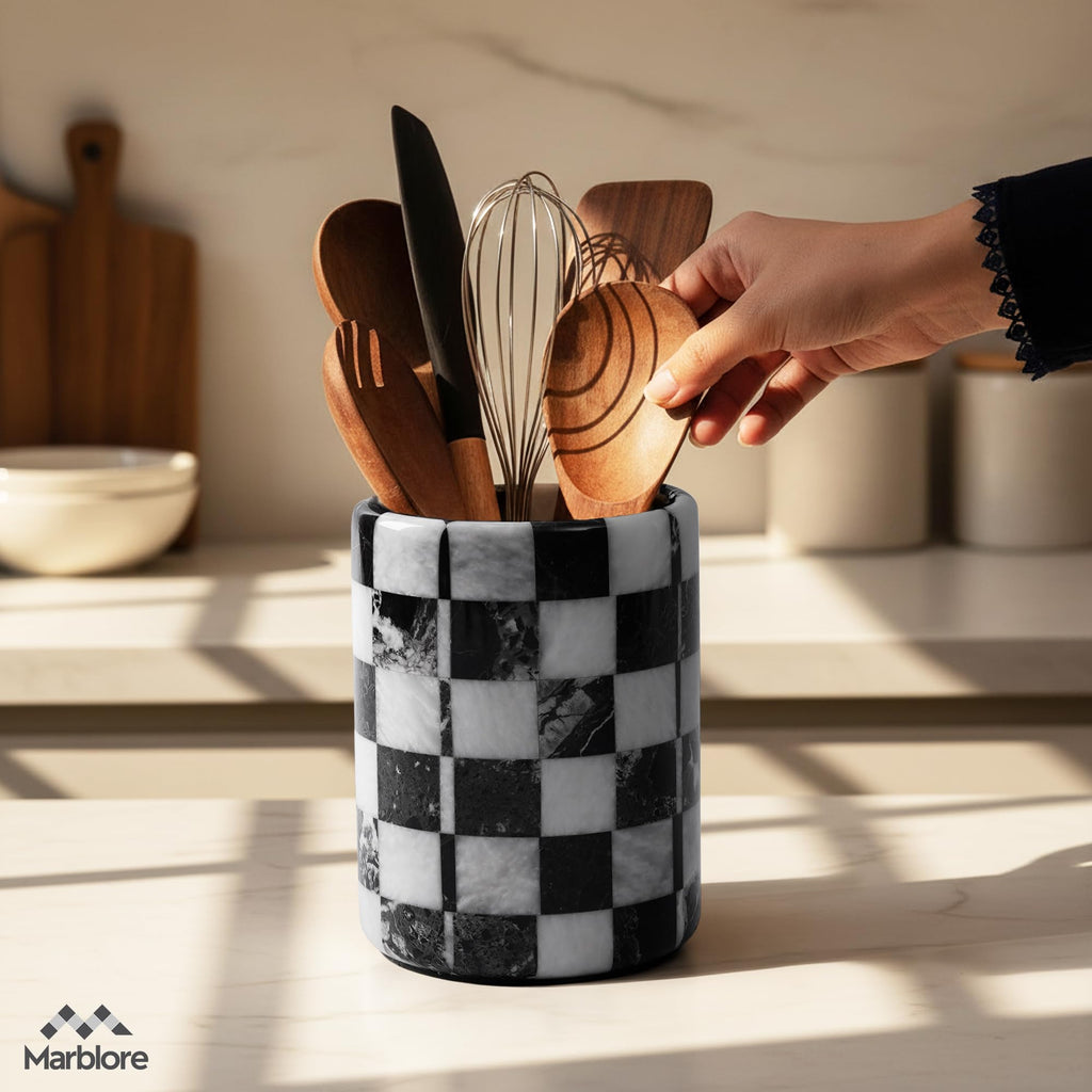 Marble Utensil Holder Black & White 6.5 Inch