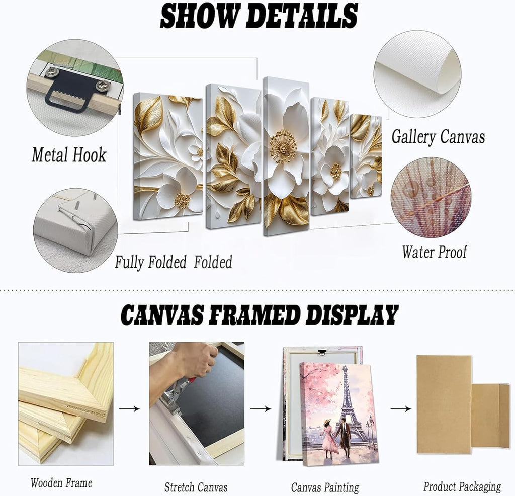 Luxury White and Gold Floral 3D Wall Art 5 Pieces Flower Picture Canvas Prints Abstract Elegant White Floral Painting