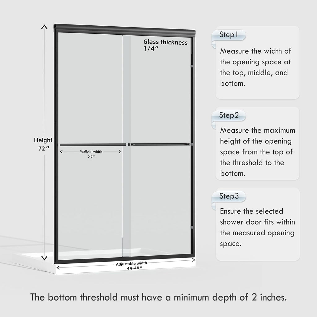 44-48" W x 72" H Semi-Frameless Bypass Sliding Shower Door, Easy-to-Clean Treated Clear Tempered Glass, Matte Black