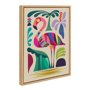 Sylvie MCM Flamingo Framed Canvas Wall Art by Rachel Lee; 18x24 Natural; Colorful Mid-Century Animal Art for Wall