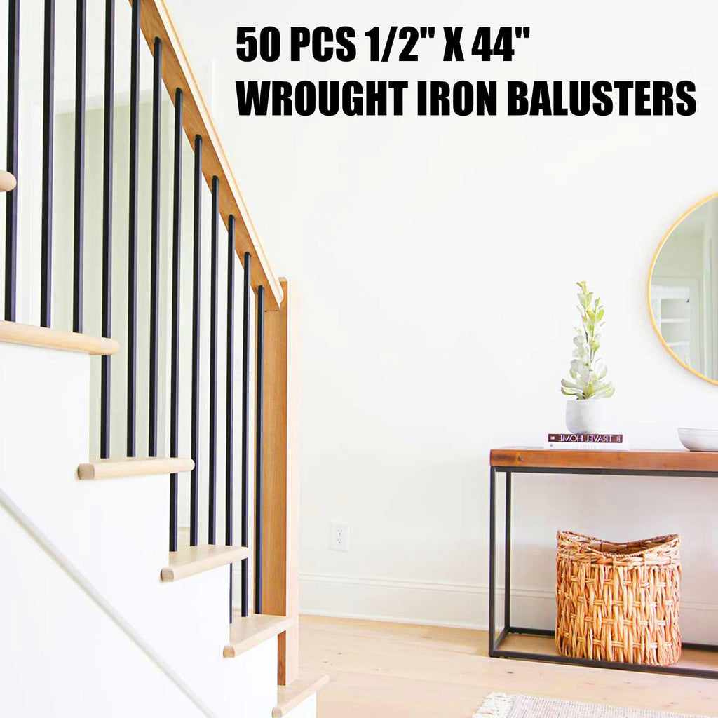 50 Pack 44'' Wrought Iron Baluster, Hollow Straight Bar Metal Baluster for Decks, Iron Balusters for Staircase