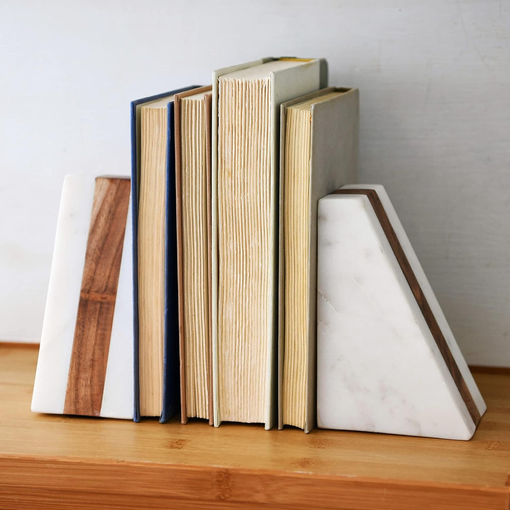 Marble Geometric Bookends with Wood Inlay, White