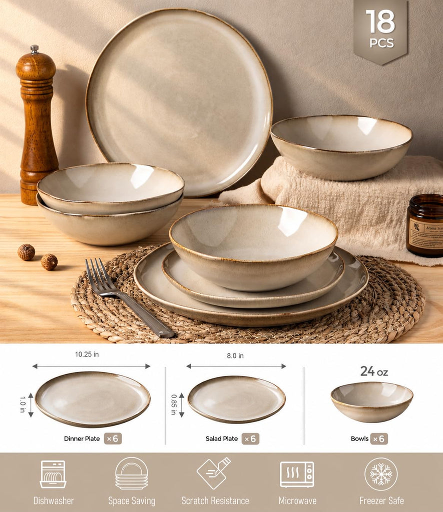 Stoneware Dinnerware Sets for 6,18 Piece Rustic Plates and Bowls Set