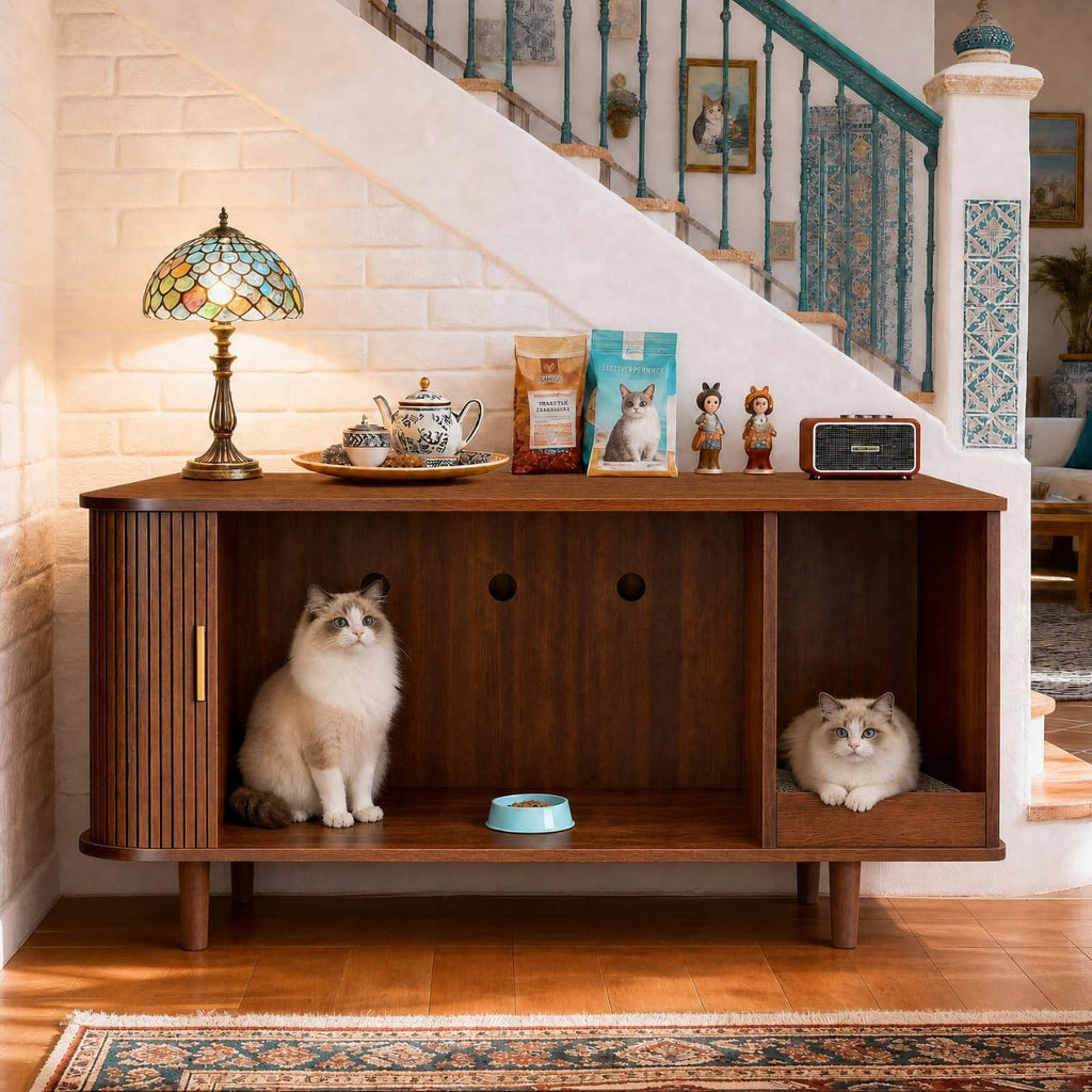 Cat Litter Box Enclosure with Scratch Pad, Sliding Door, 38.5" Cat Litter Furniture Hidden Litter Box Cabinet, Modern