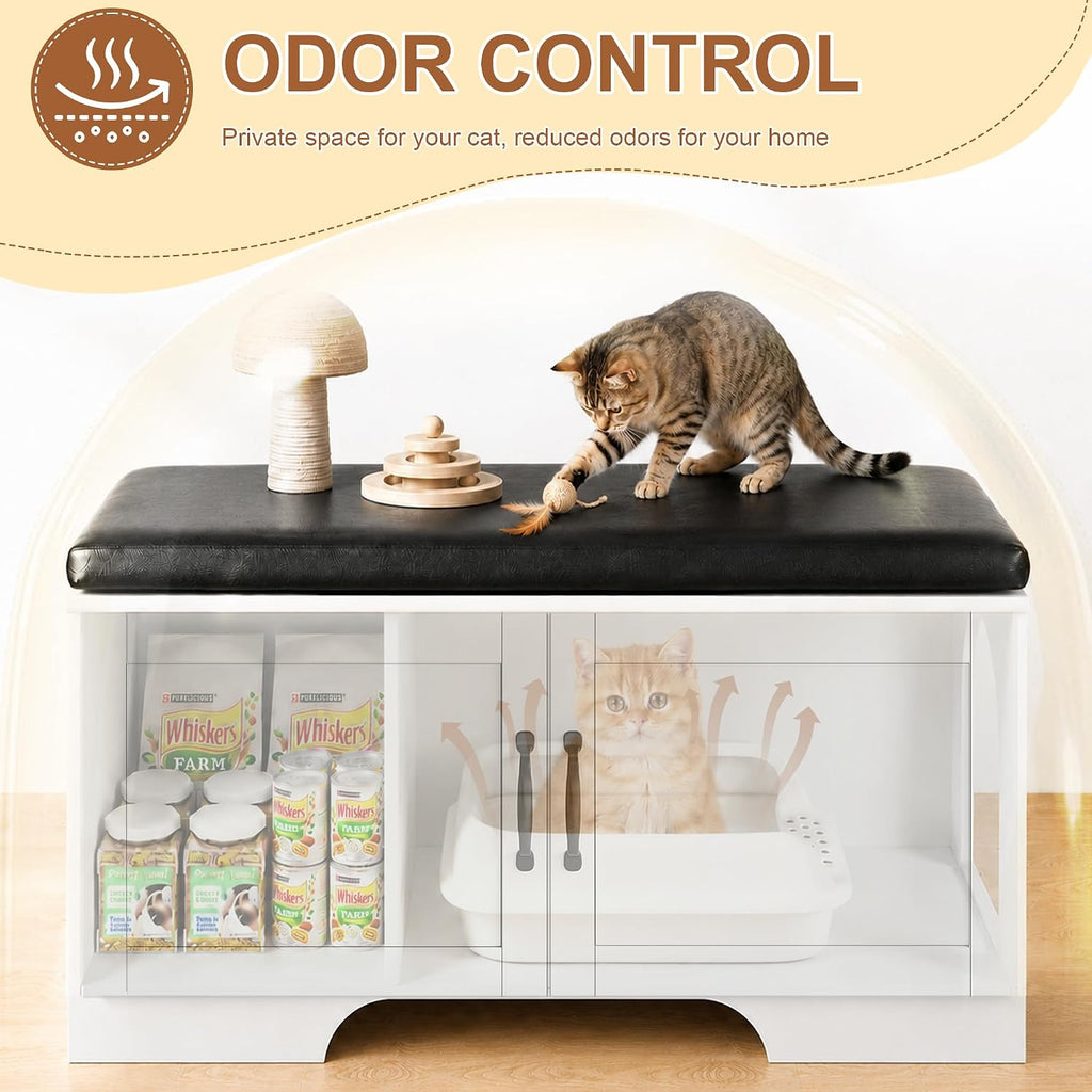 Cat Litter Box Enclosure with Padded Seat Cushion, Large Hidden Litter Box Furniture Bench for Odor Control, Dog