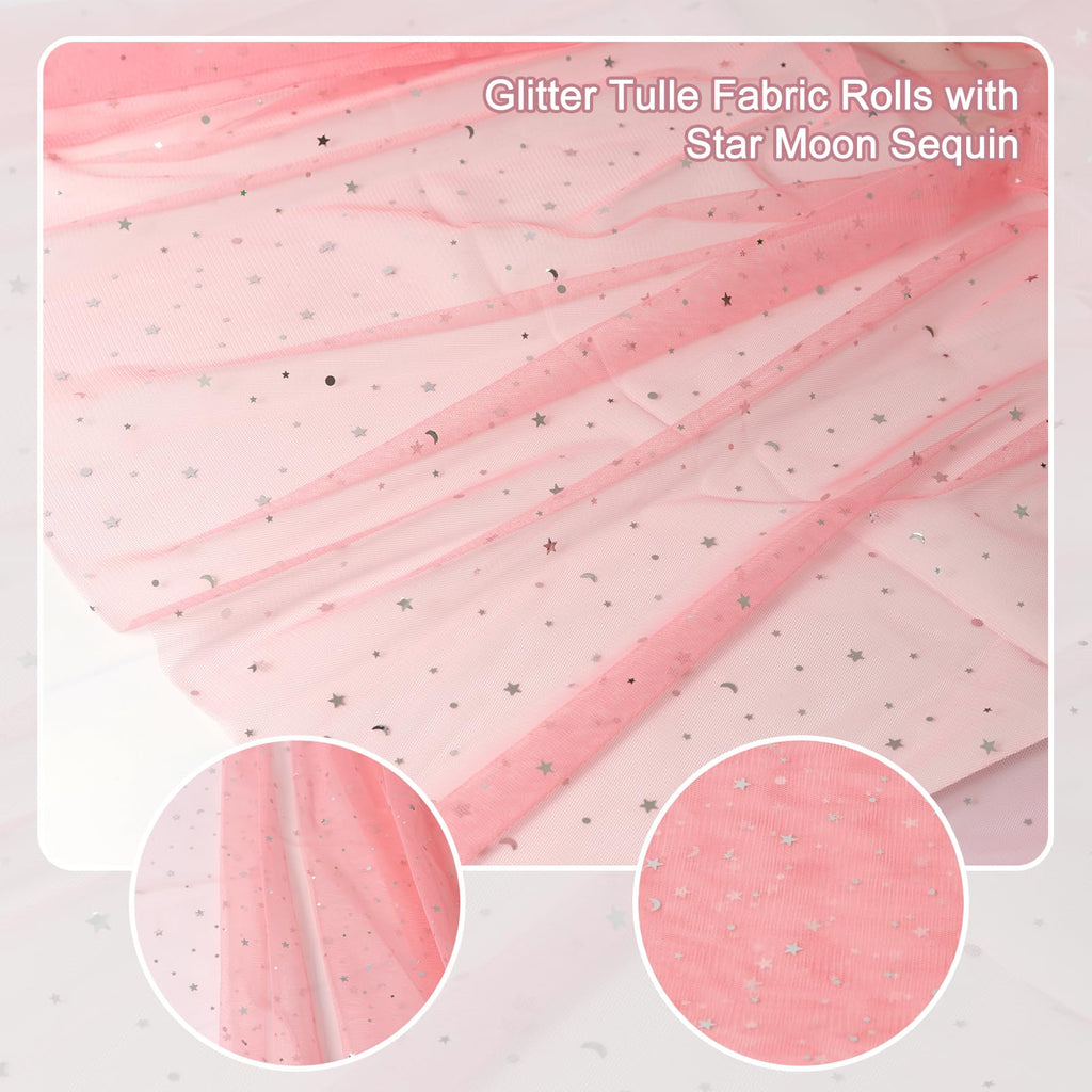 61"Width Glitter Tulle Fabric with Star Moon Sequin, 100% Polyester, Sparkly Fabric for Tutu Skirt Bridal Veil