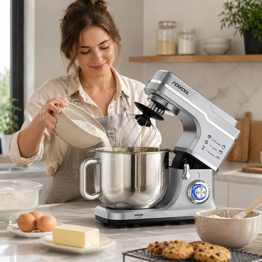 7.5QT Stand Mixer, 660W Kitchen Mixer with 10 Speeds, Silver