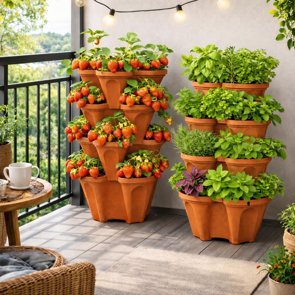 Vertical Garden Planter 4 Tier Stackable System 16 Plants, Space Saving Herb, Strawberry & Food Crop Planter with