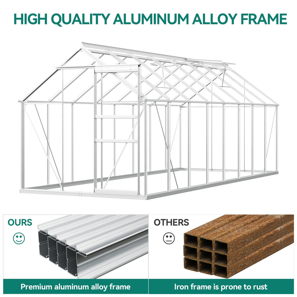 16x6FT Polycarbonate Greenhouse for Outdoors, Large Heavy Duty Aluminum Greenhouses with Sliding Doors and Vent