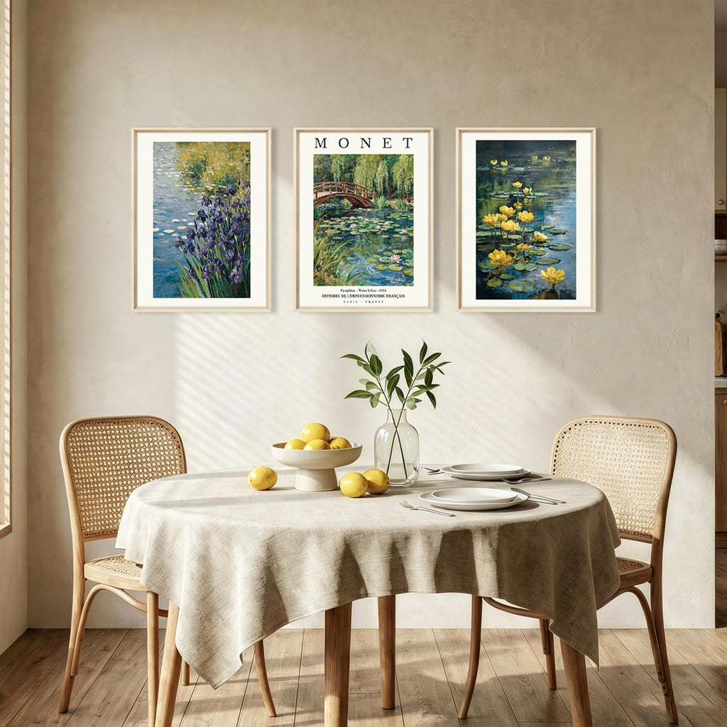 Monet Water Lilies Impressionist Framed Canvas Wall Art Set, Sage Green Monet Pond Watercolor Floral Botanical Wall