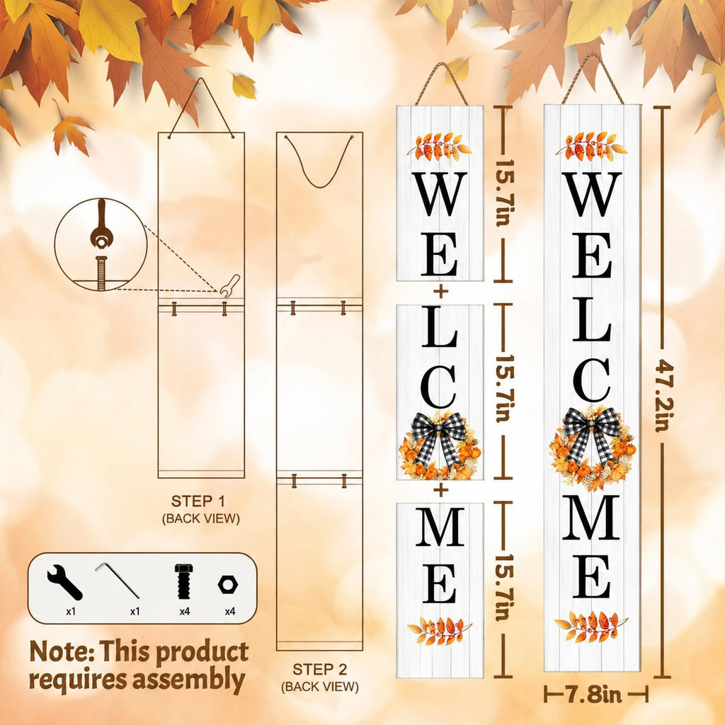 Fall Wreath Welcome Porch Sign, Buffalo Plaid Bow Signs for Front Porch, Fall Leaves Door Sign Yard, Pumpkins