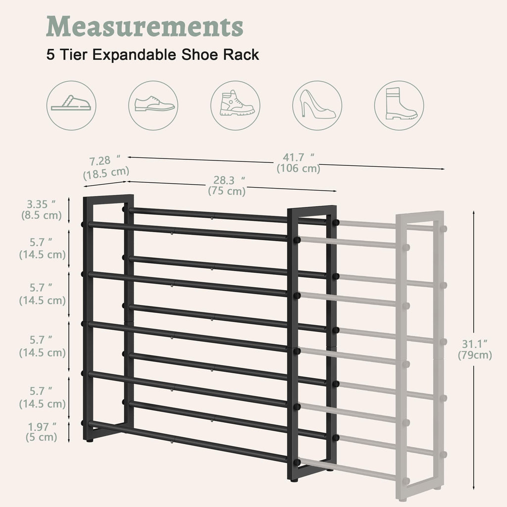 5-Tier Expandable Shoe Rack, Adjustable Shoe Shelf Storage Organizer Space Saving Metal Free Standing Shoe Rack