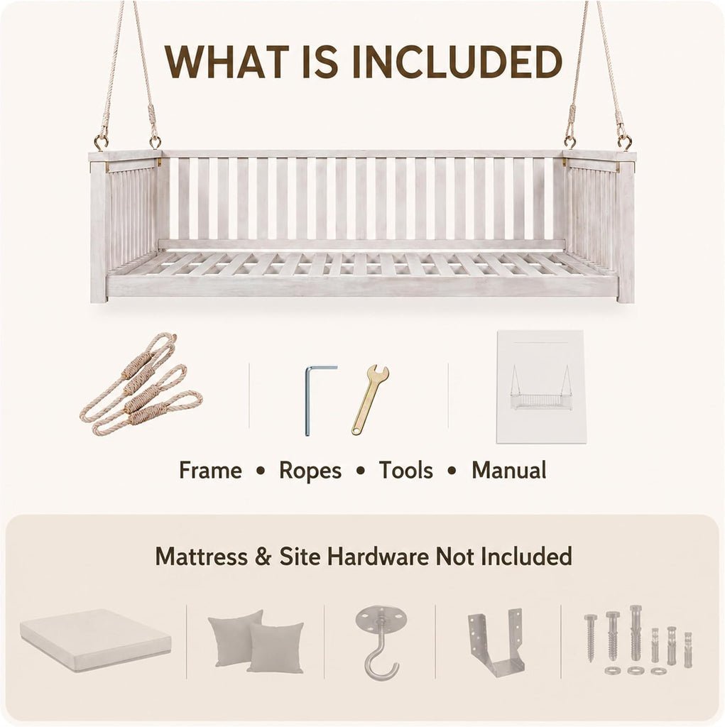 Outdoor Porch Swing Bed, Twin Size Acacia Wood Daybed (White) | Acacia Wood Frame, Hemp Ropes, Fits Twin Mattress