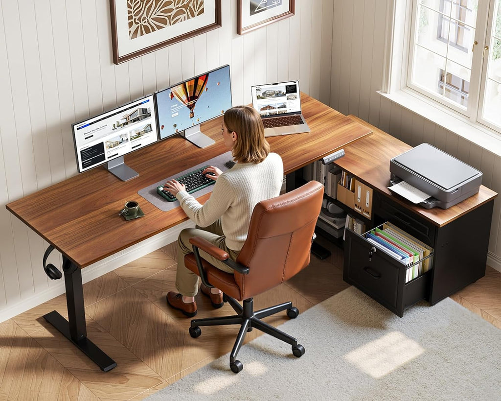 55" L Shaped Electric Standing Desk with Cabinet Sets, Walnut/Black | Mobile Drawers & File Cabinet Sets for Flexible