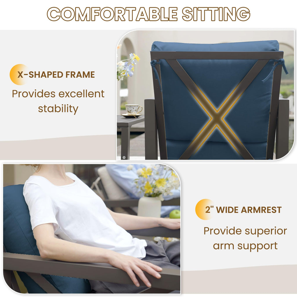 Rocking Chair Outdoor Oversized Metal Bistro Set 6.5" Cushion Navy