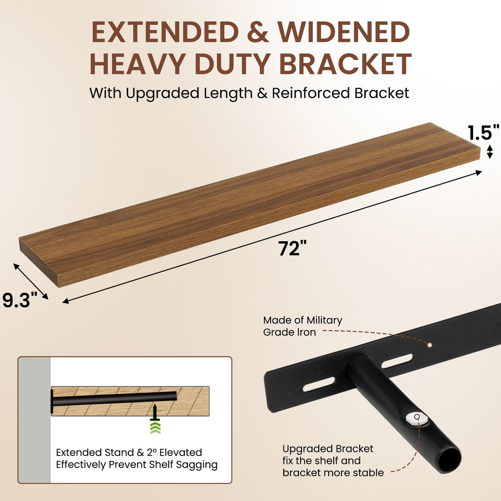 72 Inches Floating Shelves for Wall, 9.3" Deep Long Floating Shelves Set of 1, Large Display & Storage Shelf, Wall Shelf