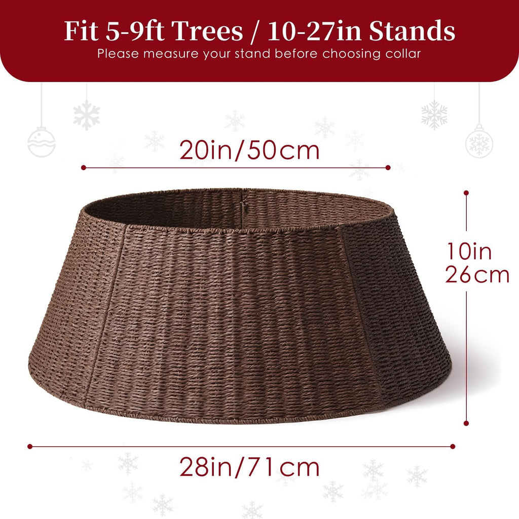 Rustic Farmhouse Christmas Tree Collar - 28Inch Woven Wicker Tree Base Stand Cover for Artificial Trees - Holiday