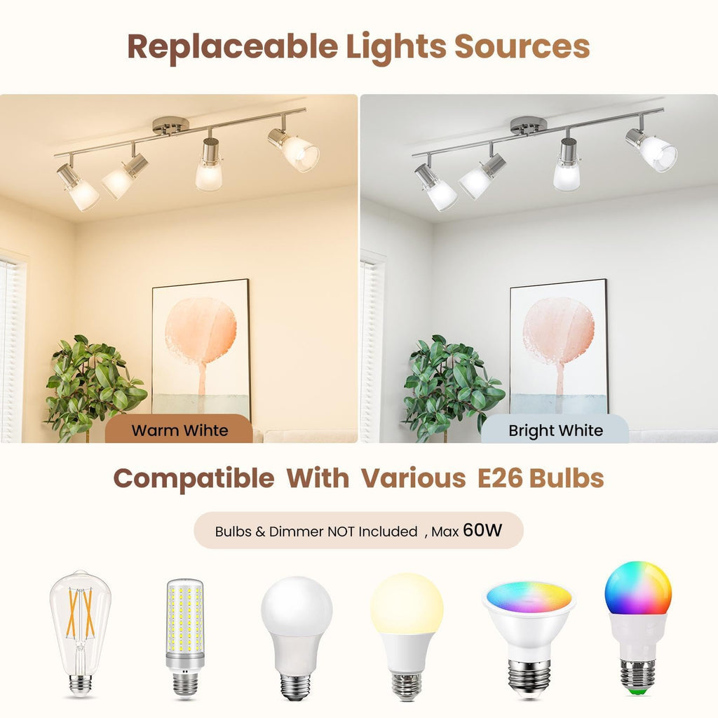 Lumens 4-Light Track Lighting Kit, Brushed Nickel Flush Mount Ceiling Light Fixture with Frosted Glass Shades