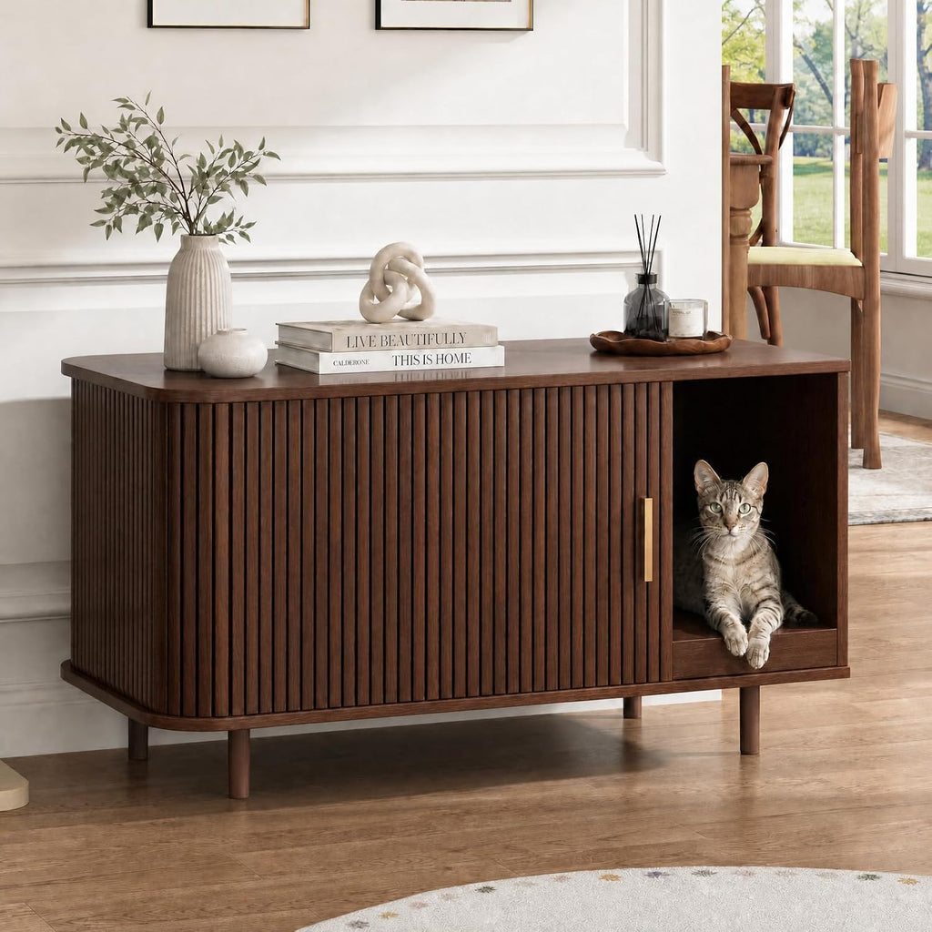 Cat Litter Box Enclosure with Scratch Pad, Sliding Door, 38.5" Cat Litter Furniture Hidden Litter Box Cabinet, Modern
