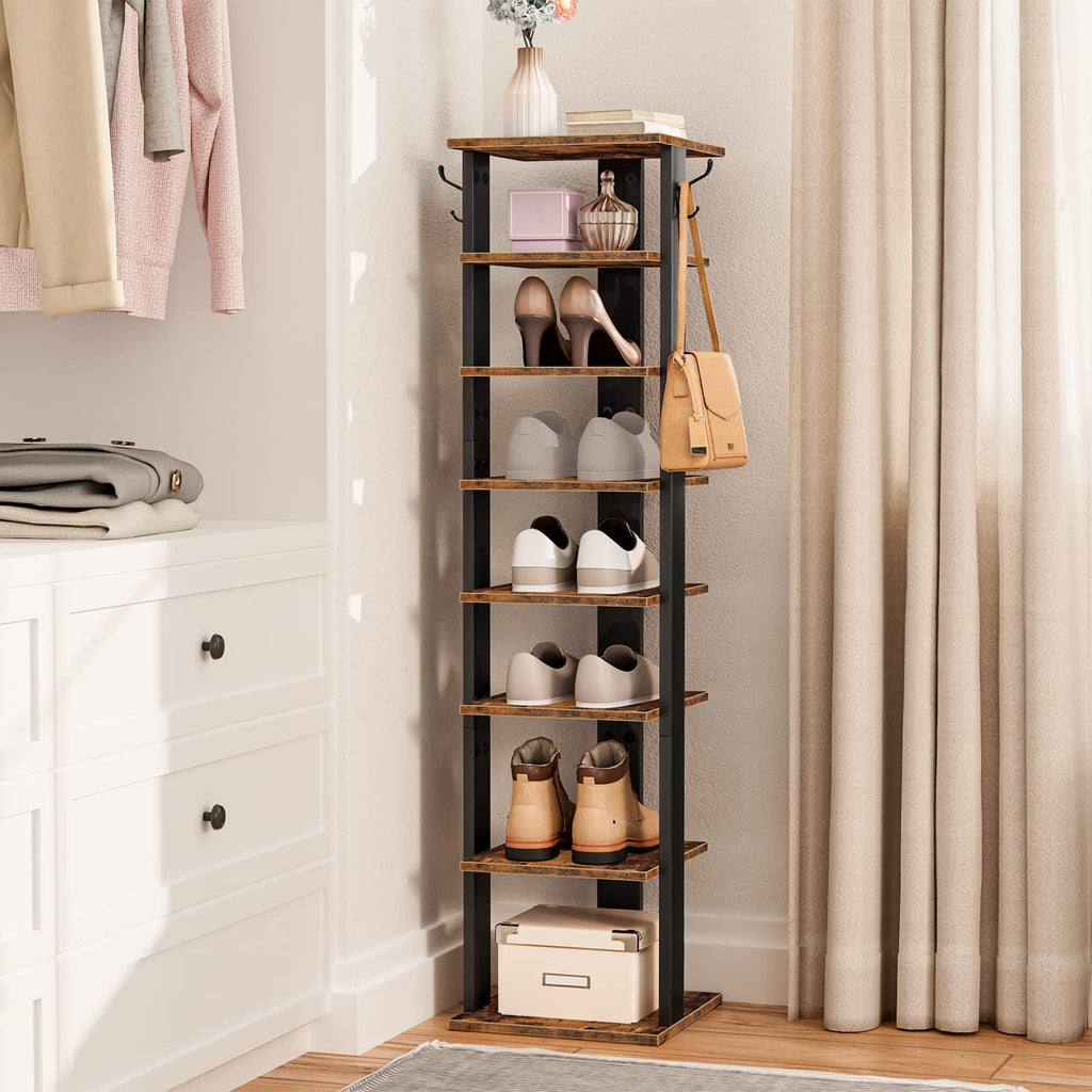 8 Tiers Vertical Shoe Rack, Wooden Shoe Storage Organizer with Hooks, Narrow Shoe Tower for 8 Pairs, Space Saving