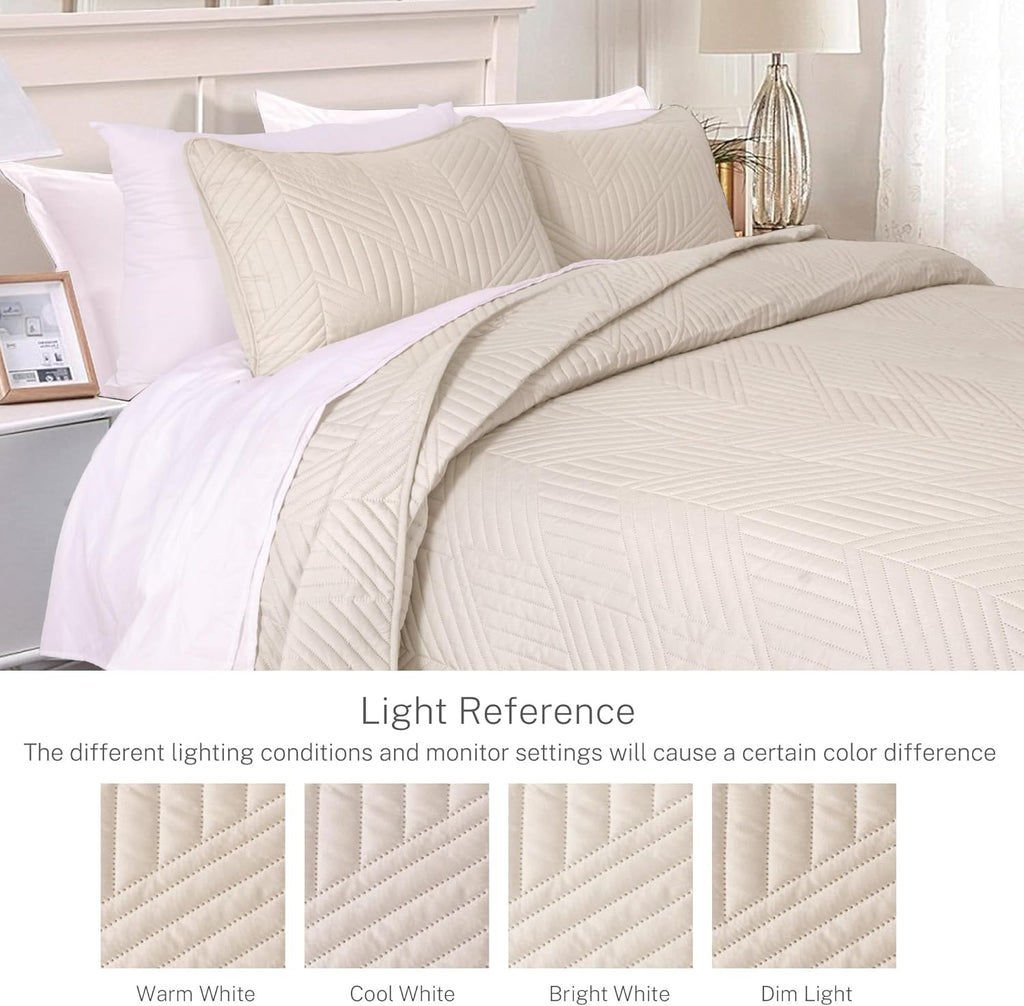 Ultrasonic Full Queen Quilt Bedding Set, Lightweight Brich Beige Bedspreads Soft Modern Geometric Coverlet Set for All Seasons (1 Quilt and 2 Pillow Shams)