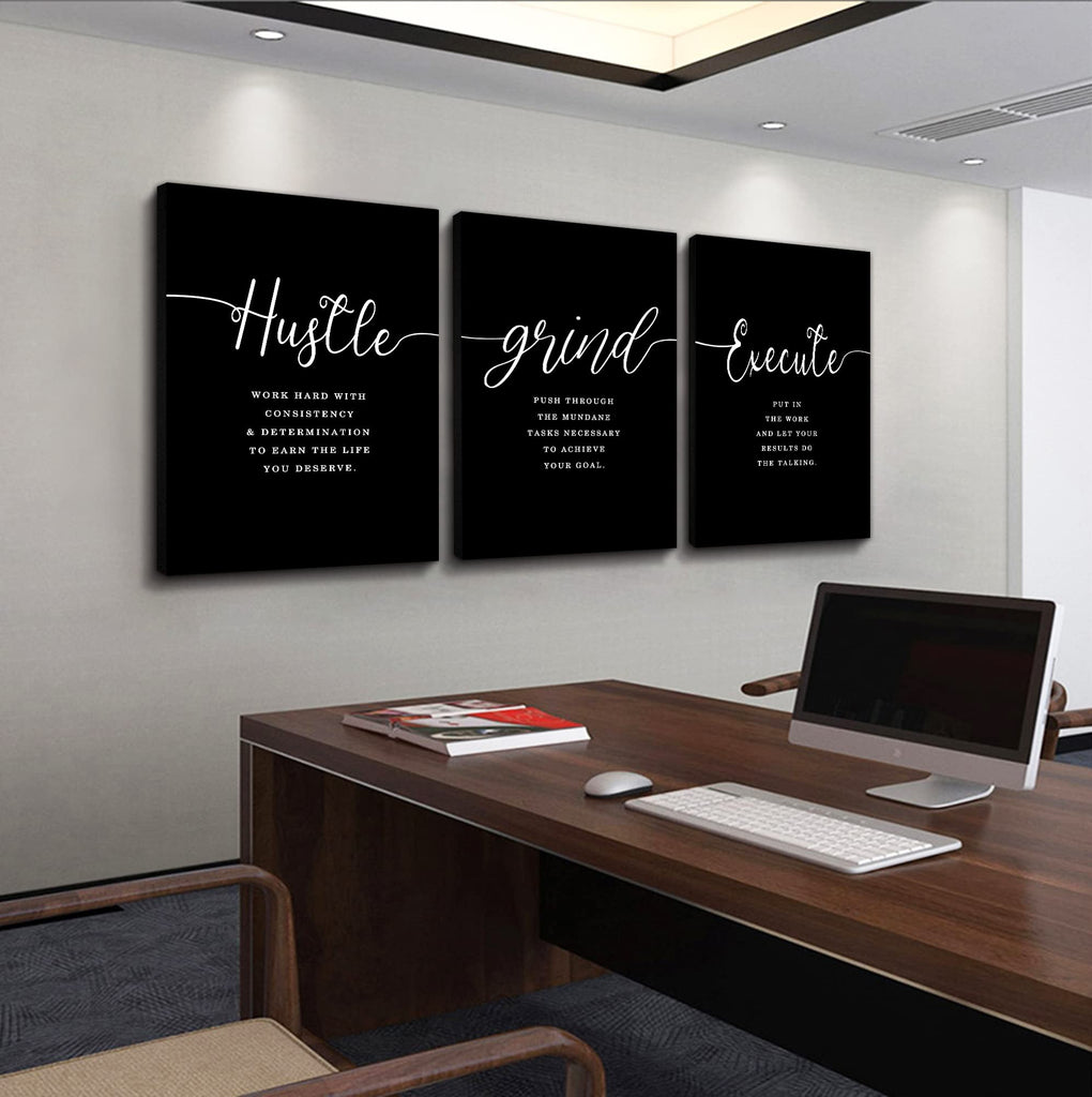 Office Decor - Hustle Quotes Execute Prints, Framed Canvas Wall Art Grind Quote, Office Wall Art, Black Large Poster