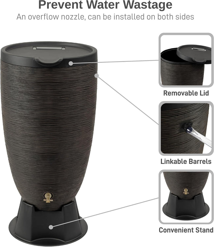 50-Gallon Newport Rain Barrel with Stand and Removable Lid, Bronze Color