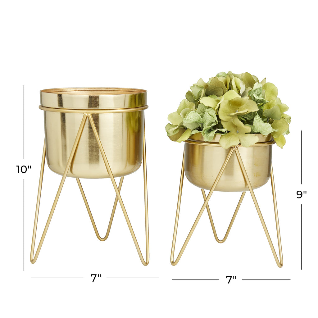 Metal Indoor Outdoor Planter Small Planter Pot with Removable Stand, Set of 2 Planters 7", 7"W, Gold
