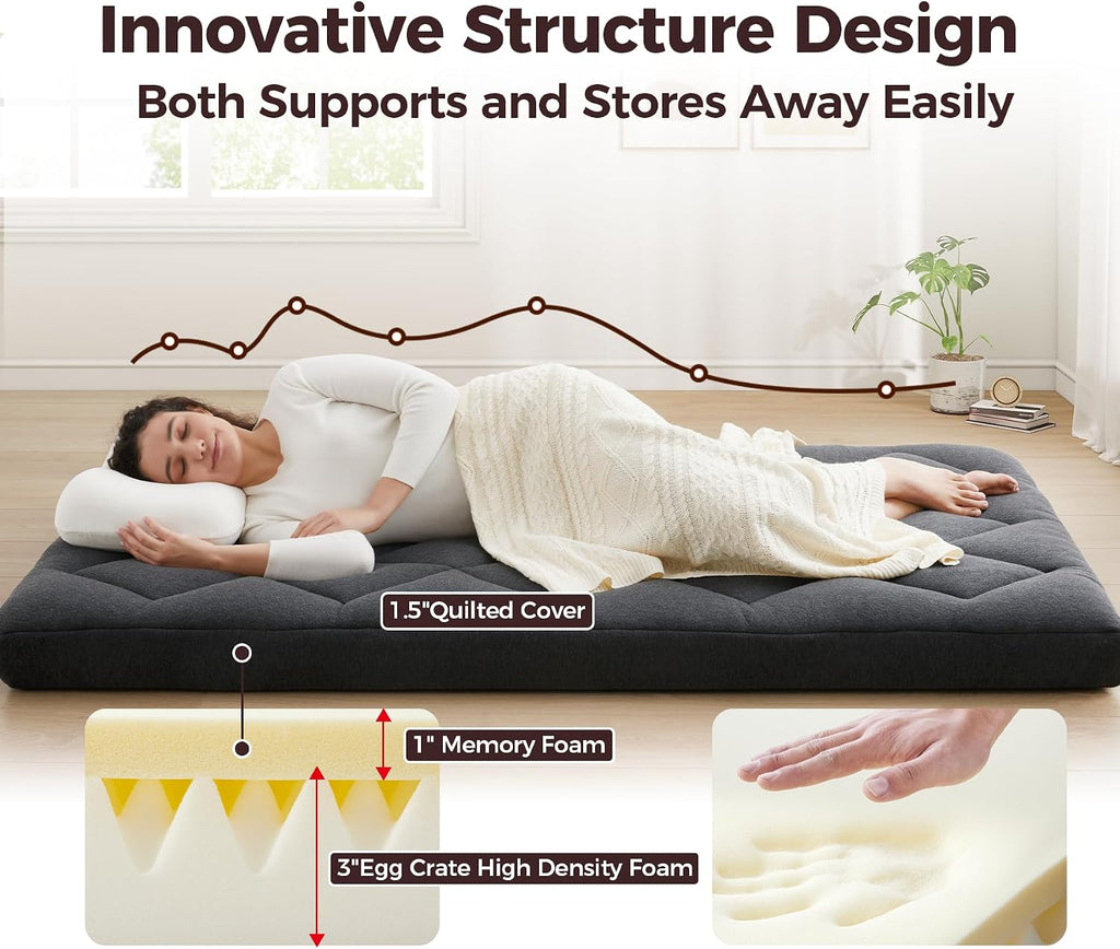 4" Twin Floor Futon Mattress, Memory Foam & Egg Crate Foam, Quilted
