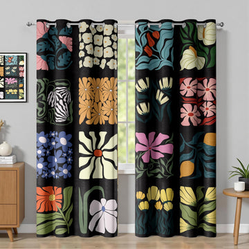 Boho Vintage Floral Blackout Curtains, Retro Colorful Lattice Flower Modern Art Aesthetic Window Drapes, Living Room