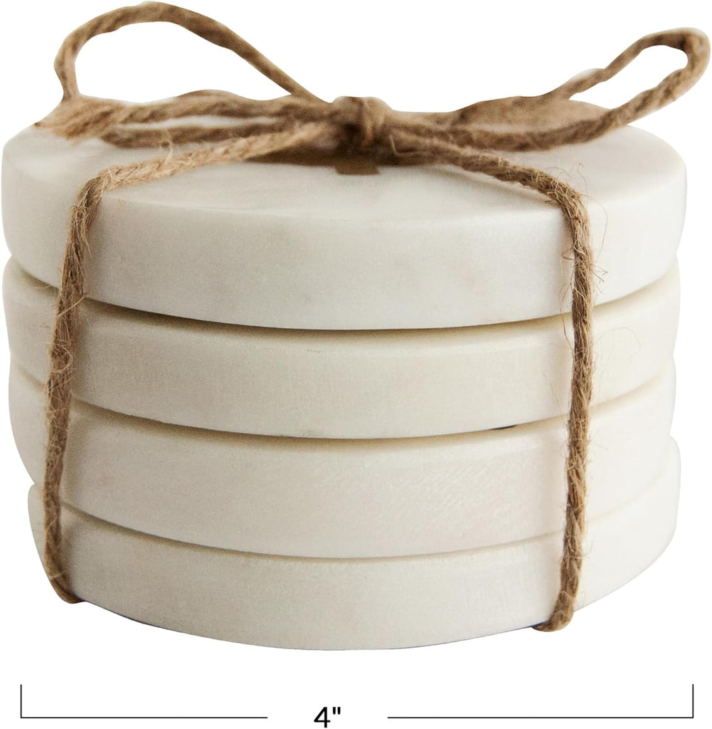 Round Marble Coasters with Brass Tree Inlay, White - Set of 4