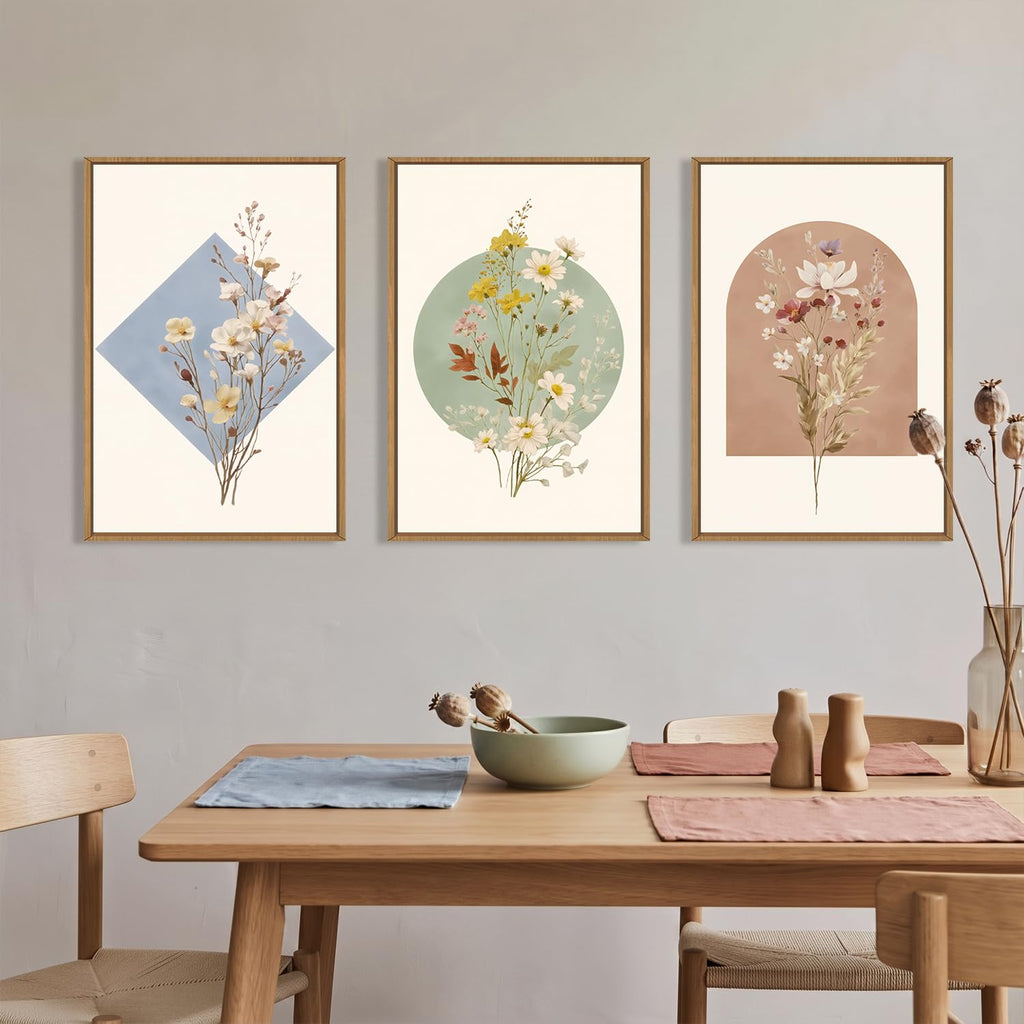 Boho Neutral Wildflower Framed Canvas Wall Art Set-24"x36"x3