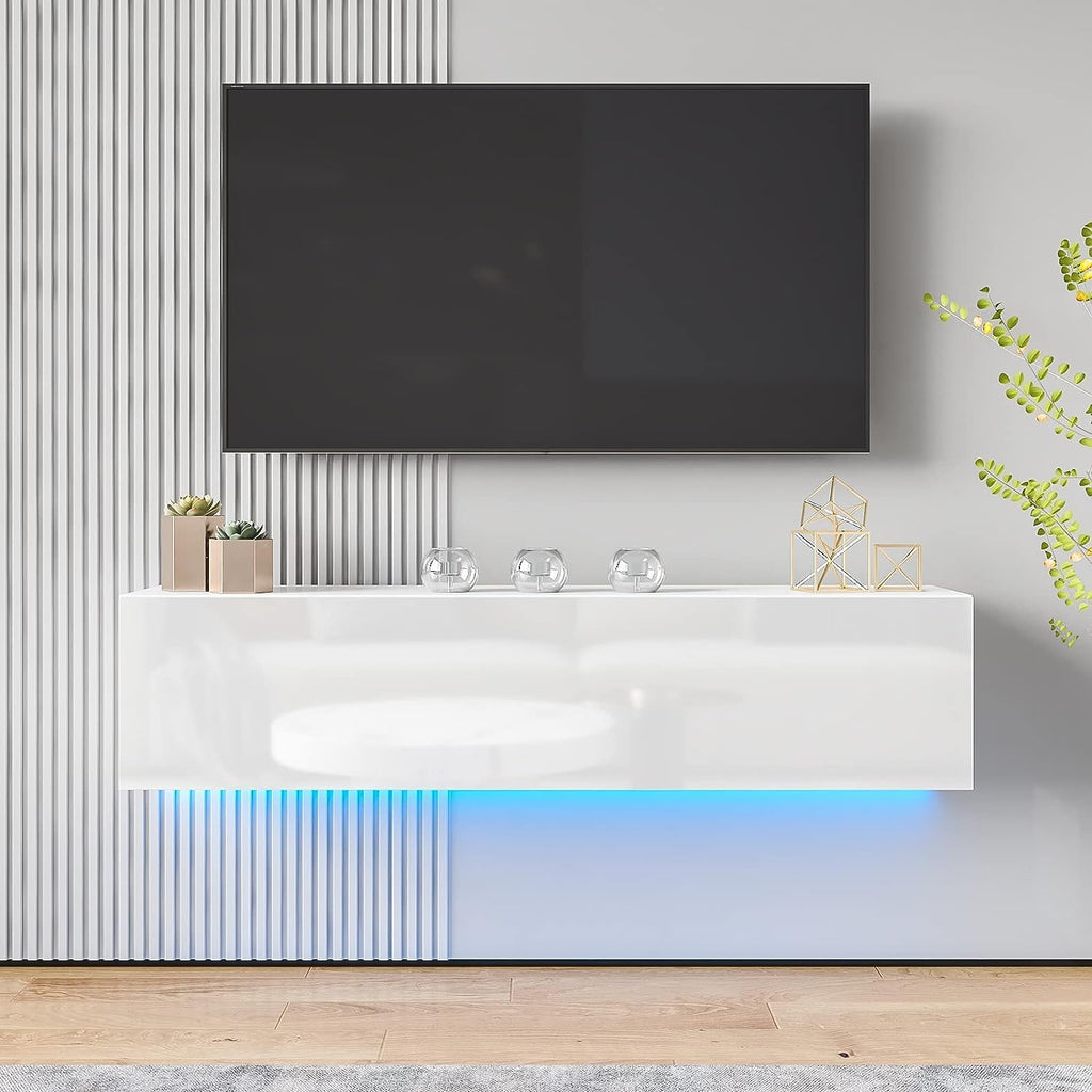 Floating with Led Light for 63 Inch TVs Wall Mounted Led Entertainment Center with High Gloss Storage Modern Floor