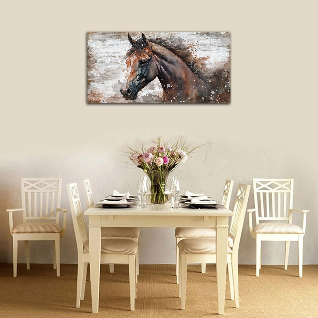 Large Horse Canvas Wall Art - Brown Horse Picture for Wall Decor Rustic Wood Plank Effect Canvas Painting Animal