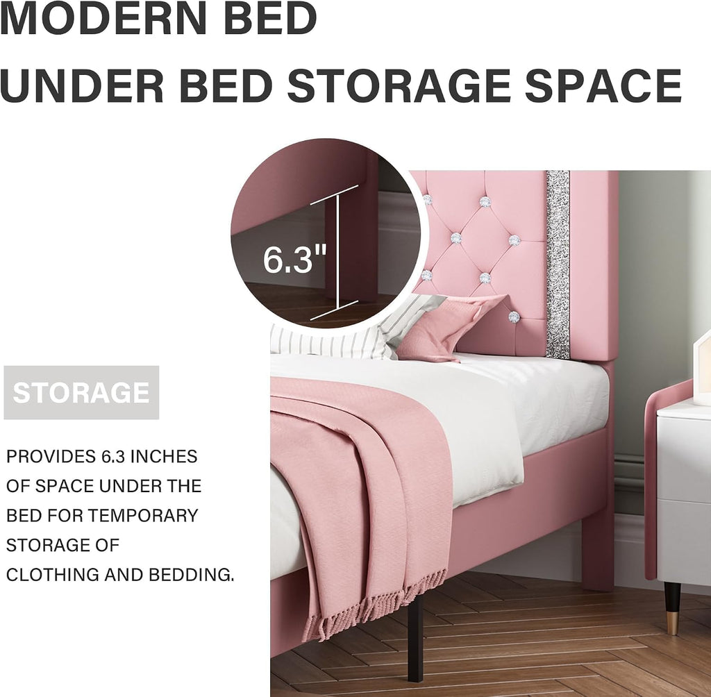Twin Bed Frame with Headboard, Princess Twin Bed Frames for Kids | Faux Leather Upholstered Bed with Diamond Tufted
