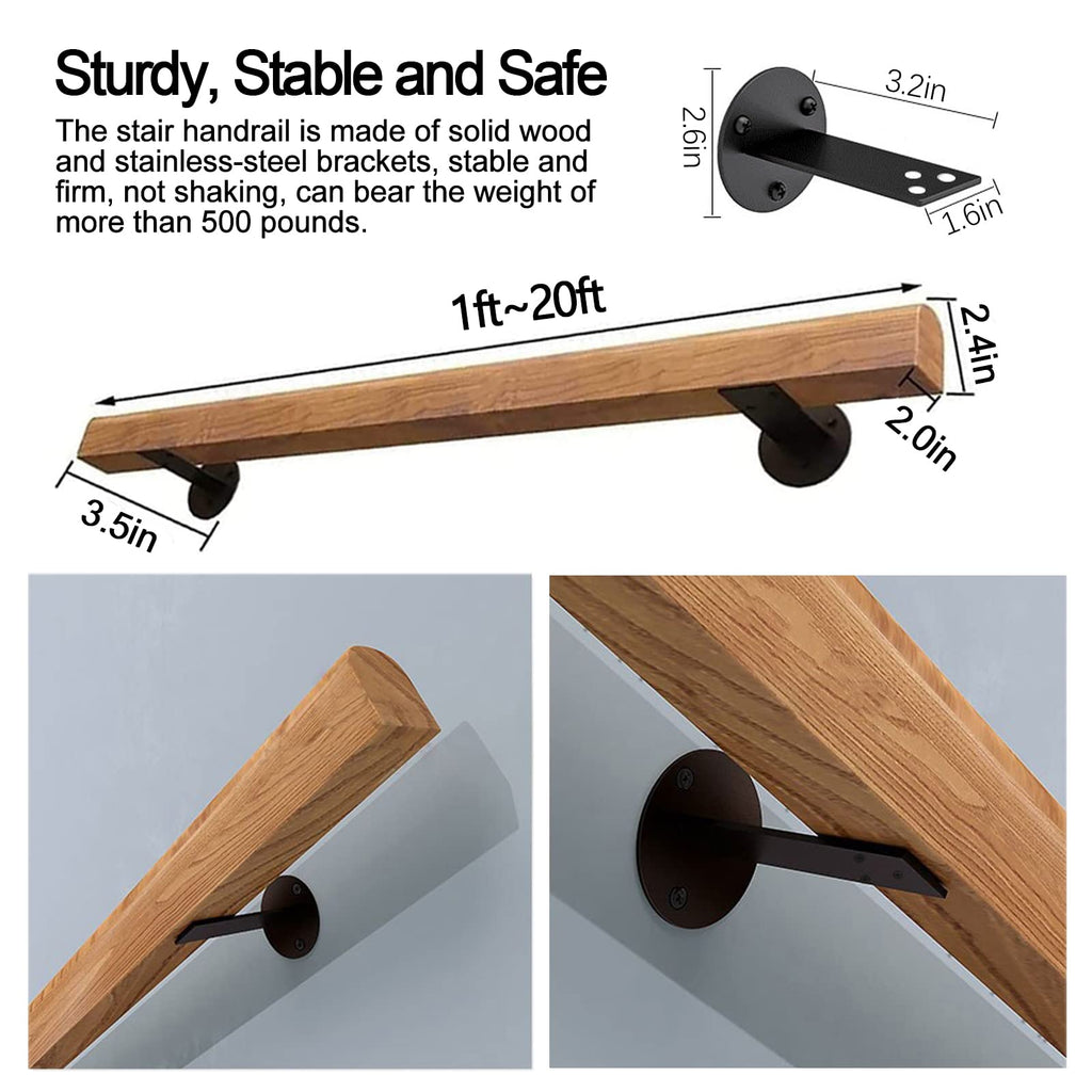 5FT Wooden Stair Handrails, Hand Railings for Stairs Indoor Outdoor, Sturdy Safety Wall Mount Support, Non-Slip