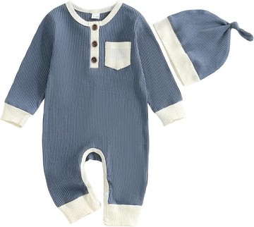 Baby Boy Ribbed Knit Clothes Long Sleeve Henley Romper Jumpsuit