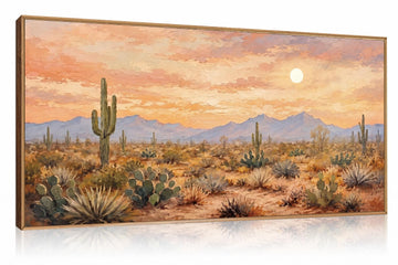 Large Desert Sunset Cactus Framed Canvas Wall Art Set, Vintage Southwestern Landscape Wall Decor, Boho Orange Mexican