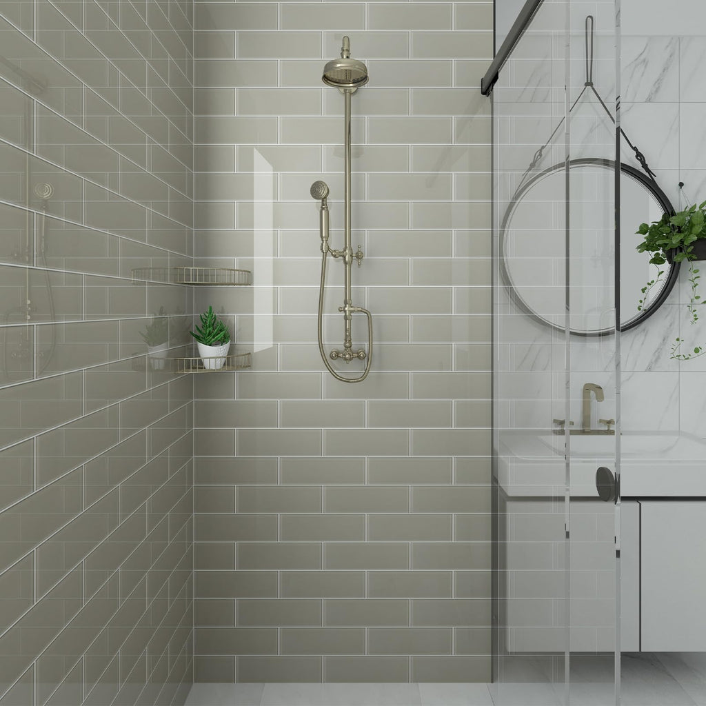 Warm Grey Glass Subway Tile, Glass Kitchen Shower Backsplash Wall, 4 x 12 Inches, 4 Sq.Ft.
