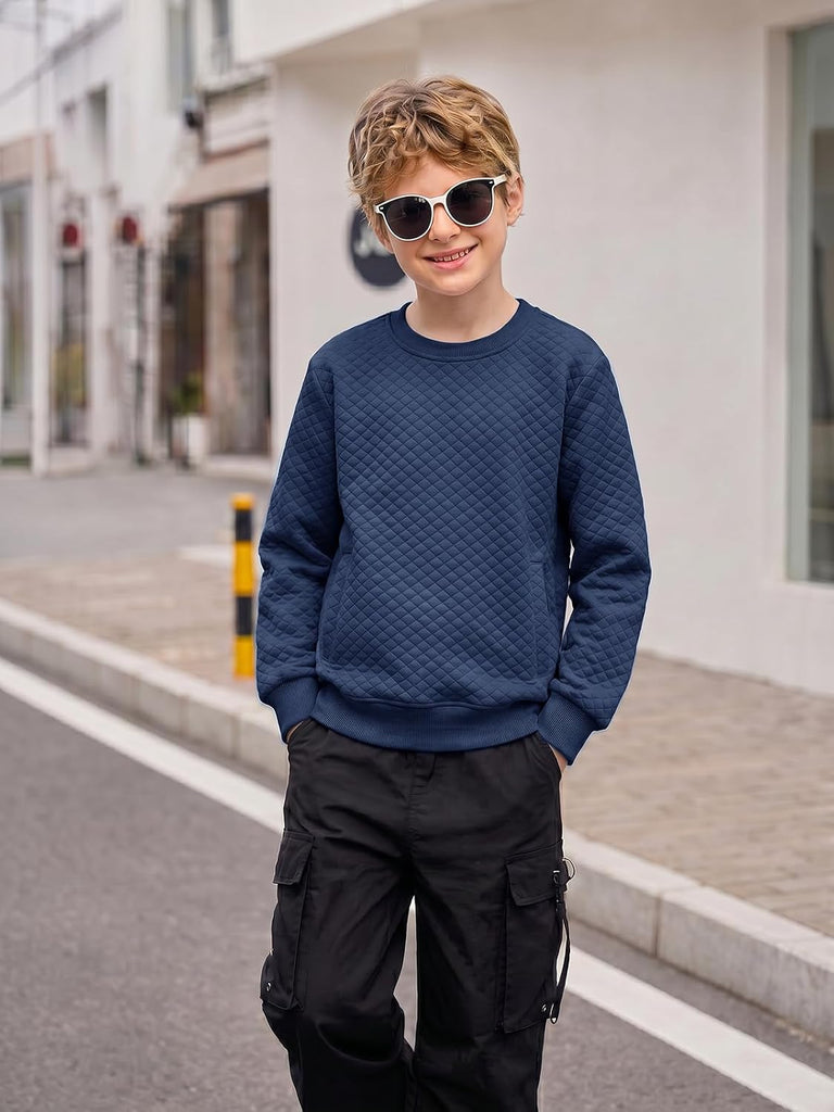 Boys Quilted Sweatshirts Kids Fashion Crewneck Long Sleeve Pullover Clothes with Pockets