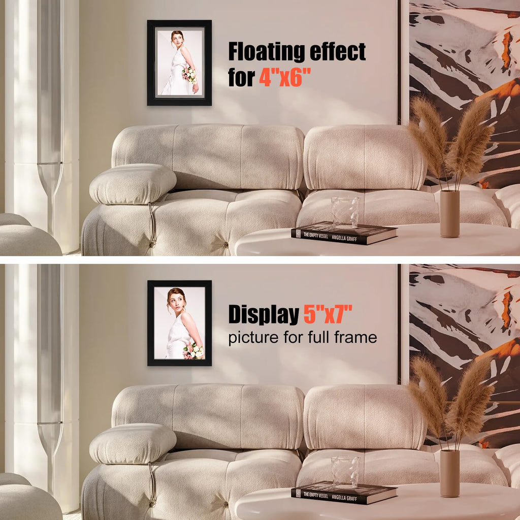 5x7 Floating Picture Frames Set of 6, Black Frame, Wooden