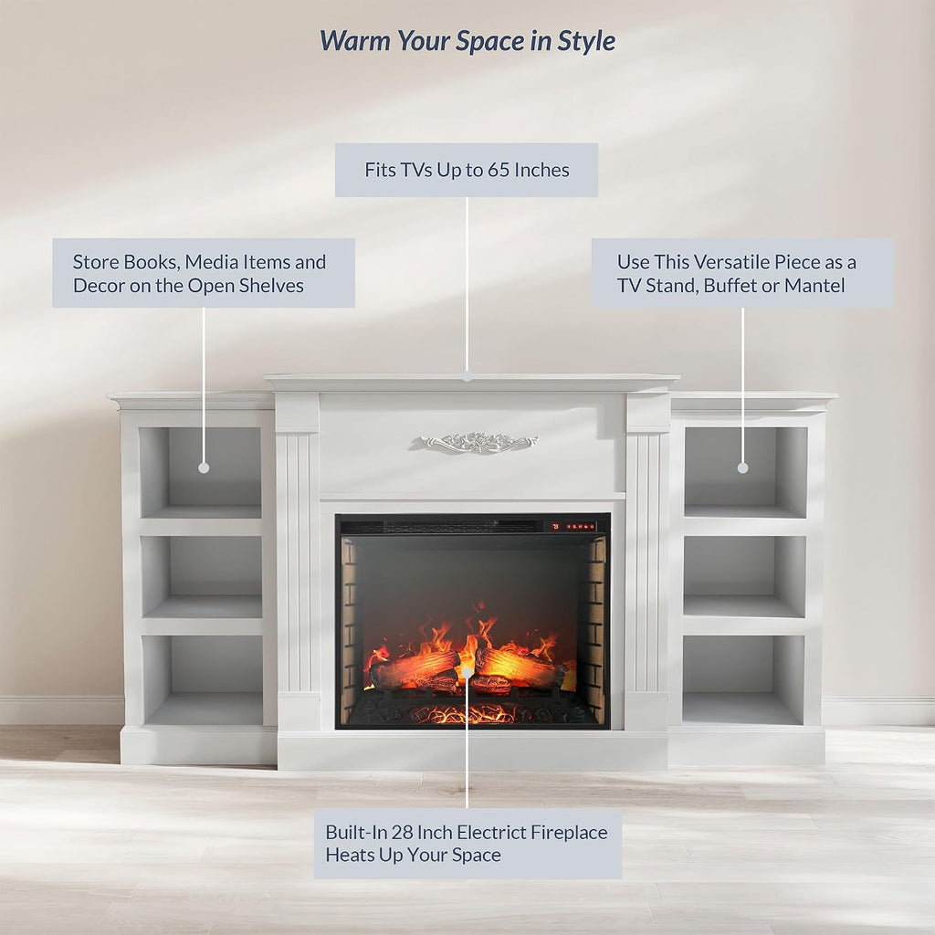 Modern 70" Electric Fireplace Heater Mantel TV Stand & Media Entertainment Center for TVs up to 68" with