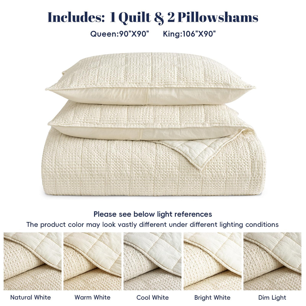 Enzyme-Washed Waffle Quilt Set (106"x90") - 100% Cotton Cover, 3PCS Soft Lightweight Square Quilted Bedspread