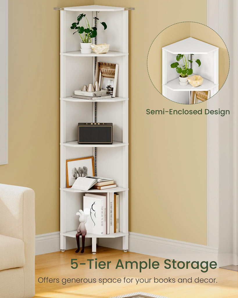 LED Corner Shelf with Lights, 5-Tier Diamond Shape Bookshelf, Standing Narrow Storage Organizer, Study, White