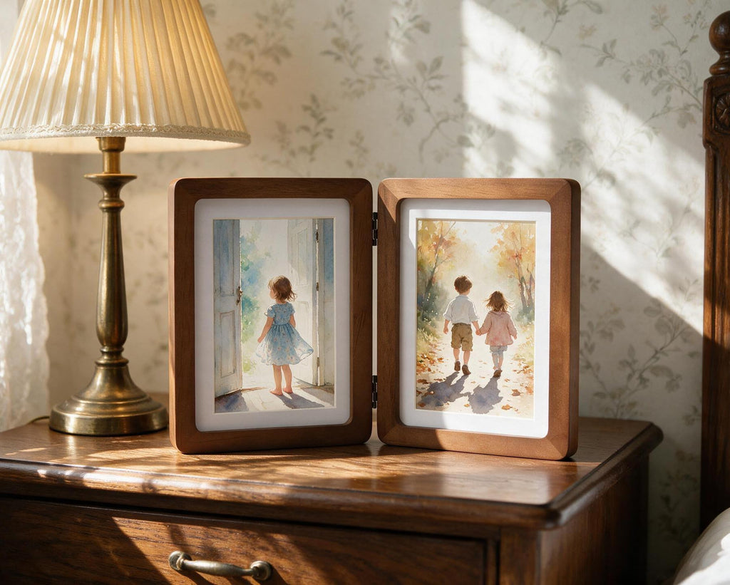 Hinged Double Picture Frame 5x7, Vertical Folding Pine Wood Frame with Real Glass, Matted to 4x6, Free-Standing