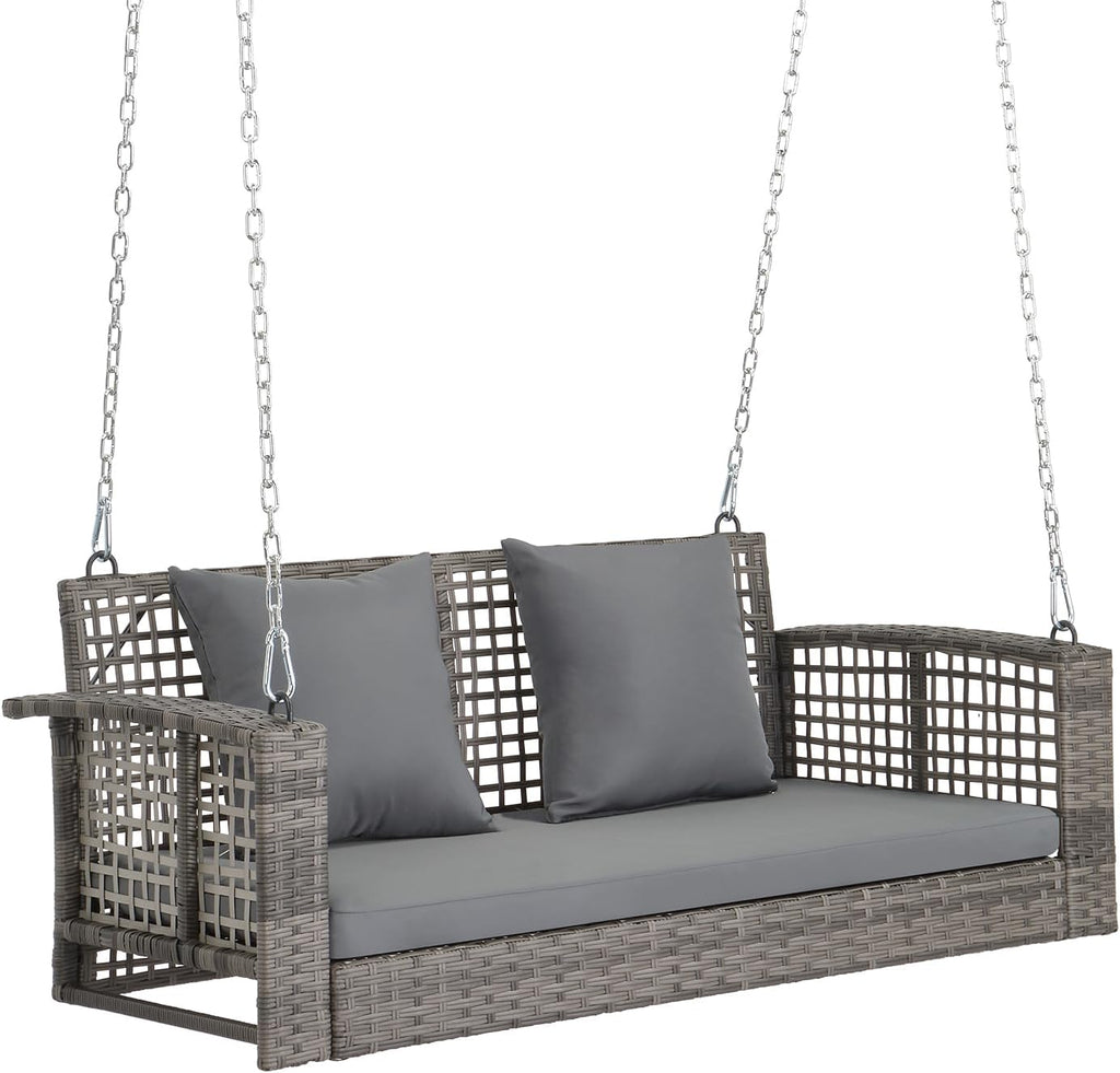 4FT Wicker 2-Person Porch Swing with Cushions Hanging Chains | Sturdy hanging patio swing for adults, supports up to
